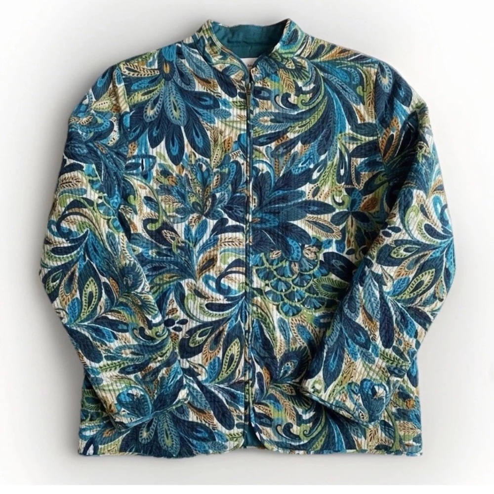 Alfred Dunner Teal & Blue Peacock Paisley Quilted Zip-Up Cardigan - Size 10